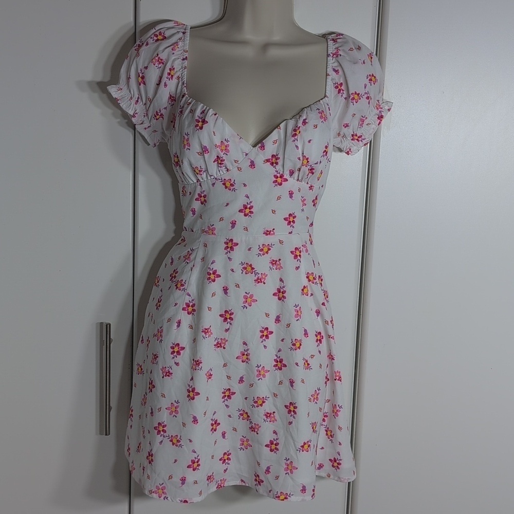 Princess Polly Ruth Puff Sleeve White Pink Floral Print Mini Dress Size 6
